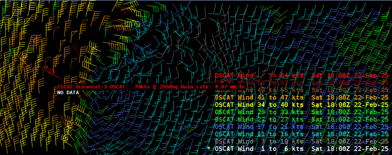 Figure 8: Erroneous wind observations are seen where wind barbs differ dramatically from the background consensus. Sampling in AWIPS can confirm if there indeed is a non-zero rain rate, where observations should be examined with caution. This image was exported from AWIPS.