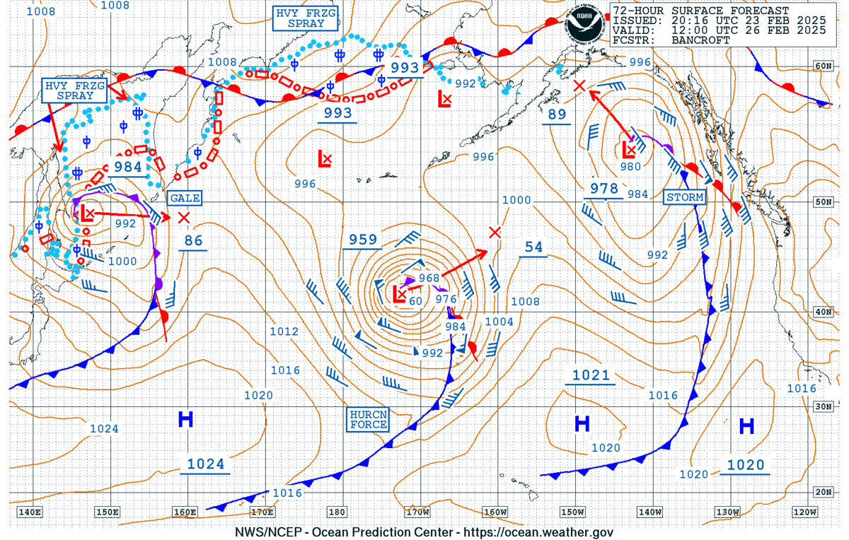 Figure 9: NWS OPC North Pacific 72-Hour Surface Forecast, issued at 2016 UTC 23 February, valid at 1200 UTC 26 February 2025.