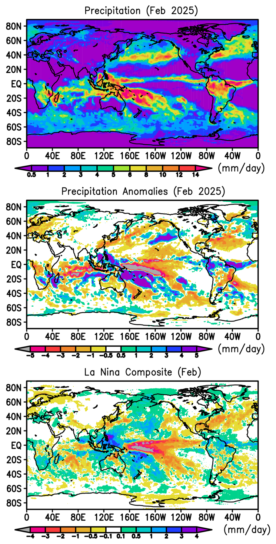 Figure 1. Monthly precipitation and anomalies for February 2025 and La Nina composite for February.