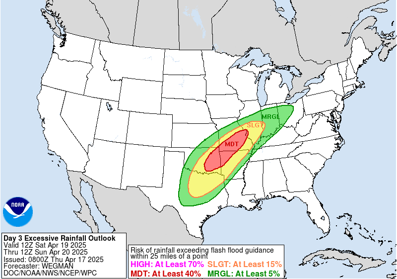 Figure 1: NWS WPC Day 3 ERO issued at 0800 UTC 17 April, valid for the 24-hour time period ending at 1200 UTC 20 April 2025.