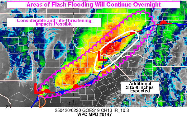 Figure 4: MPD issued by WPC at ~0240 20 April 2025, overlaid on GOES-East Clean-IR Longwave Window Band imagery.