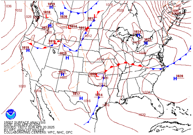Figure 5: NWS WPC Surface Analysis valid at 1800 UTC 20 April 2025.
