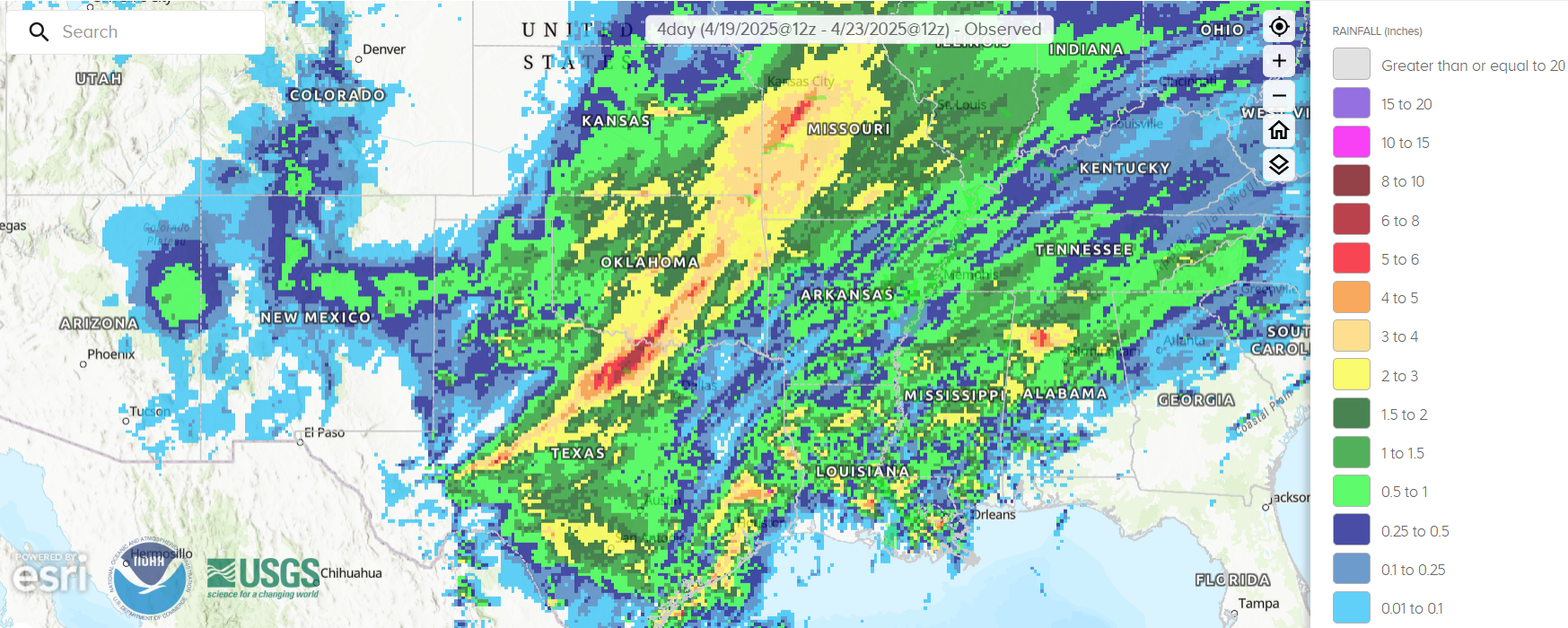 Figure 9: Precipitation estimates showed a widepsread 3-6″ rainfall footprint from Central Texas to Central Missouri, with up to 10″ of rainfall in parts of northern Texas. From National Water Prediction Service