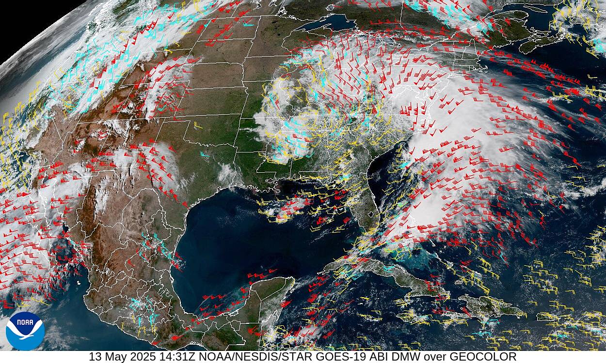 Figure 6: GOES-East Geocolor imagery overlaid with DMWs at all layers, valid at 1431 UTC 13 May 2025. Credit: NESDIS/STAR