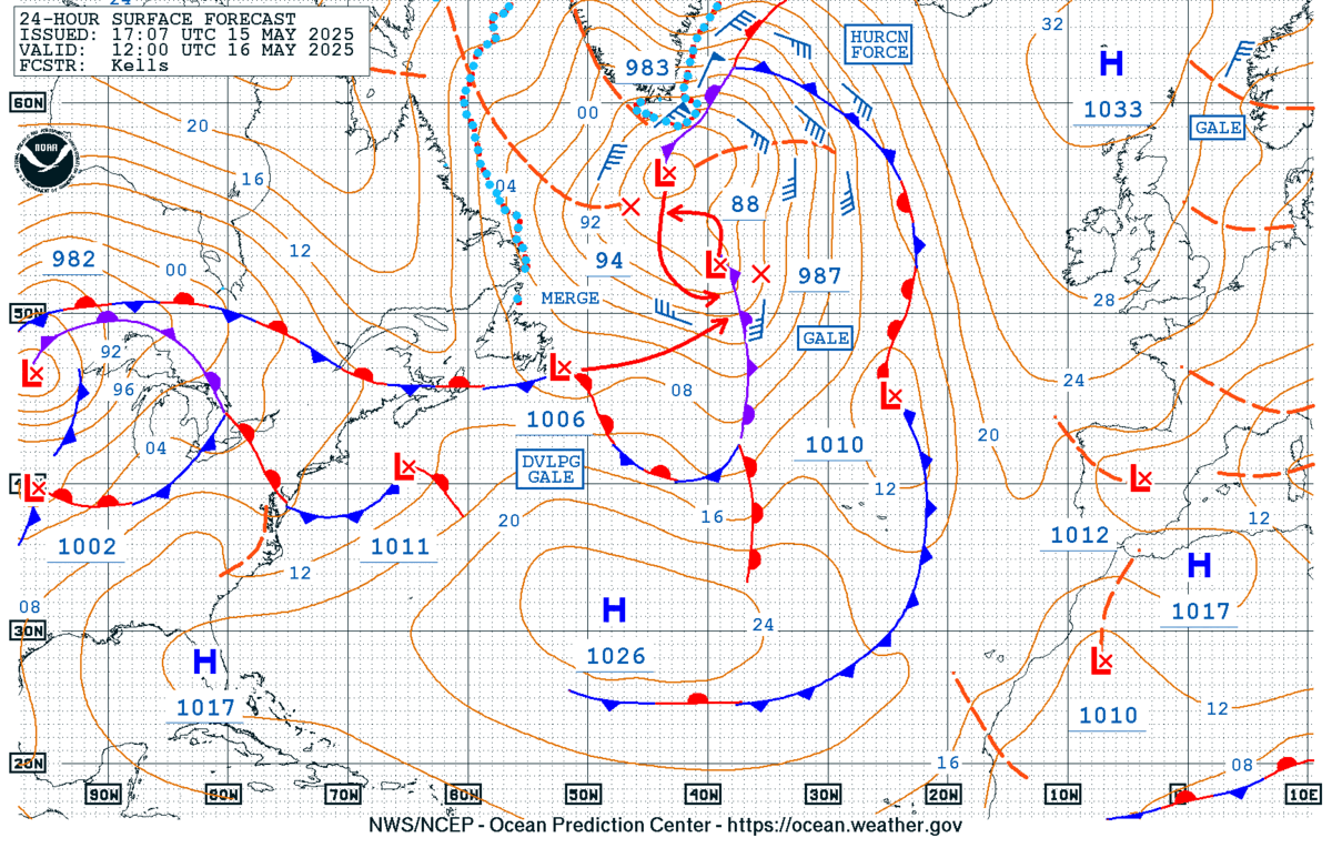 Figure 1: NWS OPC North Atlantic 24-Hour Surface Forecast valid at 1200 UTC 16 May 2025.