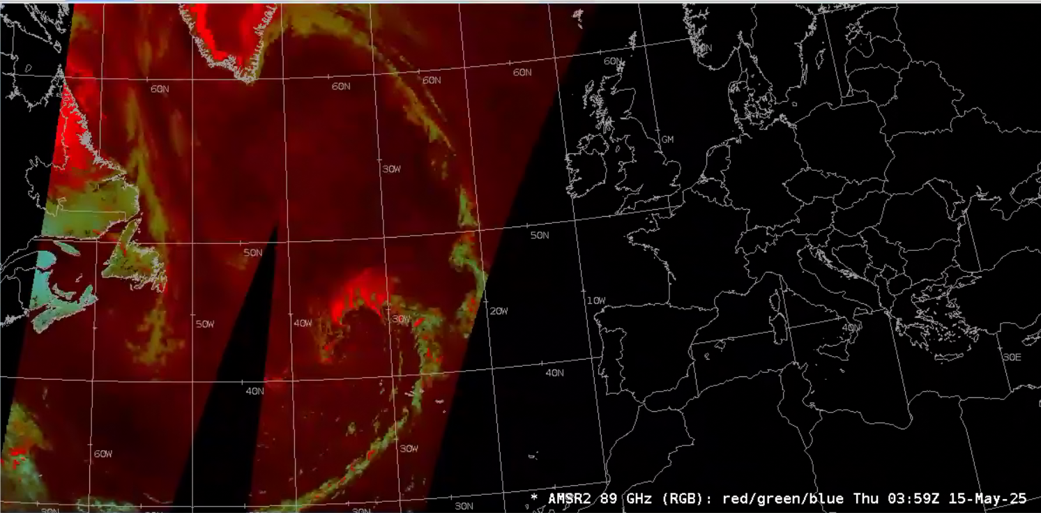 Figure 2: AMSR2 89GHz RGB imagery valid at 0359 UTC 15 May 2025. This image was exported from AWIPS.