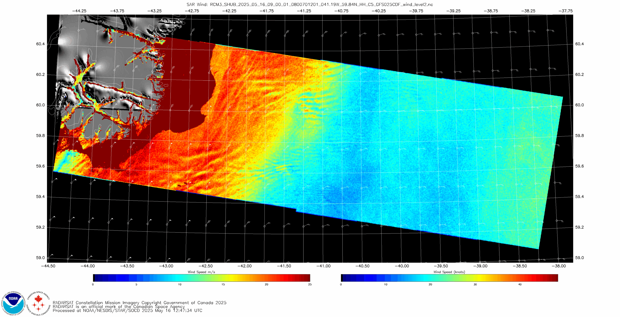Figure 3: RCM3 SAR Imagery valid at ~0900 UTC 16 May 2025. RADARSAT Constellation Mission Imagery Copyright Government of Canada 2025. RADARSAT is an official mark of the Canadian Space Agency. Credit: NESDIS/STAR