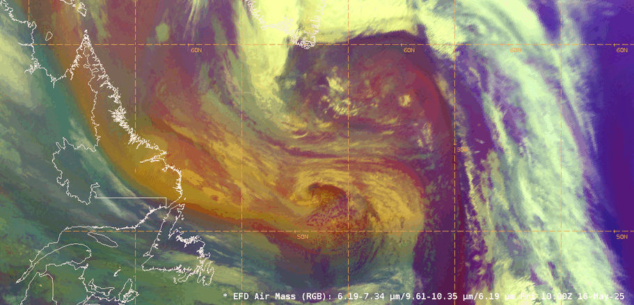 Figure 4: GOES-East Airmass RGB imagery from ~1000 to ~1700 UTC 16 May 2025. This animation was created in AWIPS, and display files can be shared upon request.