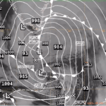 Figure 5: NWS OPC Surface Analysis valid at 1200 UTC 16 May 2025, overlaid on GOES-East Channel 02 Visible imagery. This image was exported from AWIPS.