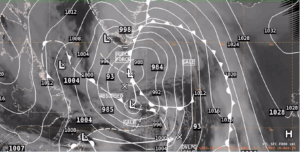 Figure 5: NWS OPC Surface Analysis valid at 1200 UTC 16 May 2025, overlaid on GOES-East Channel 02 Visible imagery. This image was exported from AWIPS.