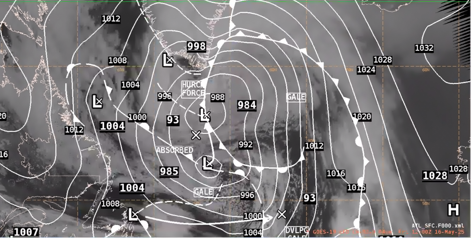 Figure 5: NWS OPC Surface Analysis valid at 1200 UTC 16 May 2025, overlaid on GOES-East Channel 02 Visible imagery. This image was exported from AWIPS.