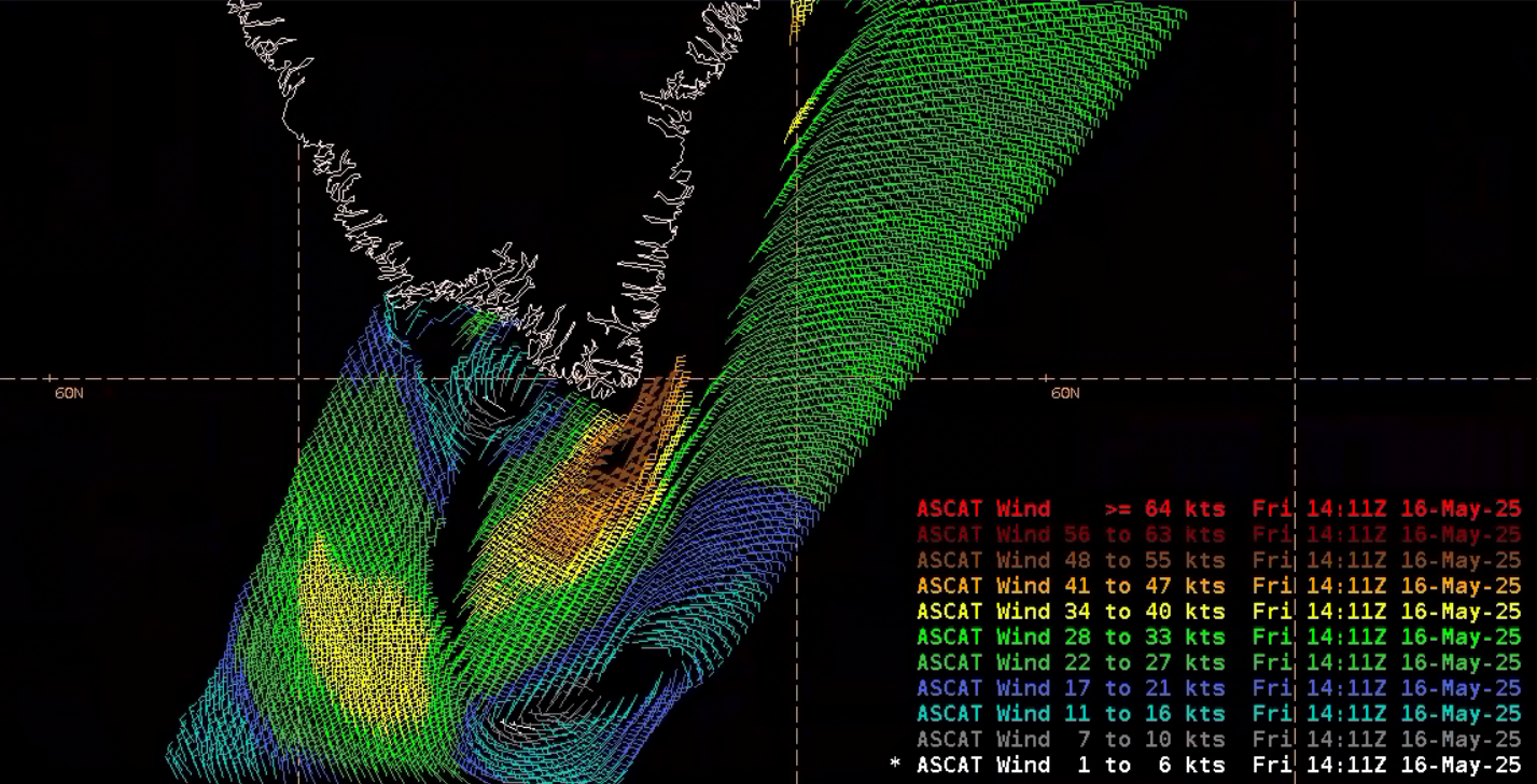 Figure 6: Metop-B/C ASCAT passes from ~1140 to ~1420 UTC 16 May 2025. This image was exported from AWIPS.