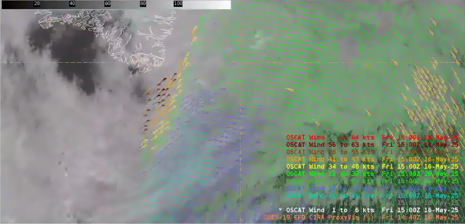 Figure 7: OceanSat-3/OSCAT scatterometer pass overlaid on GOES-East Proxyis imagery at ~1440 UTC 16 May 2025. This image was exported from AWIPS.