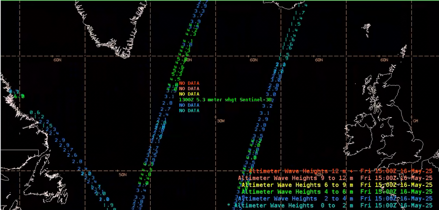 Figure 8: Sentinel-3B altimeter overpass at 1300 UTC 16 May 2025, showing significant wave heights up to 5.3 meters. This image was exported from AWIPS.
