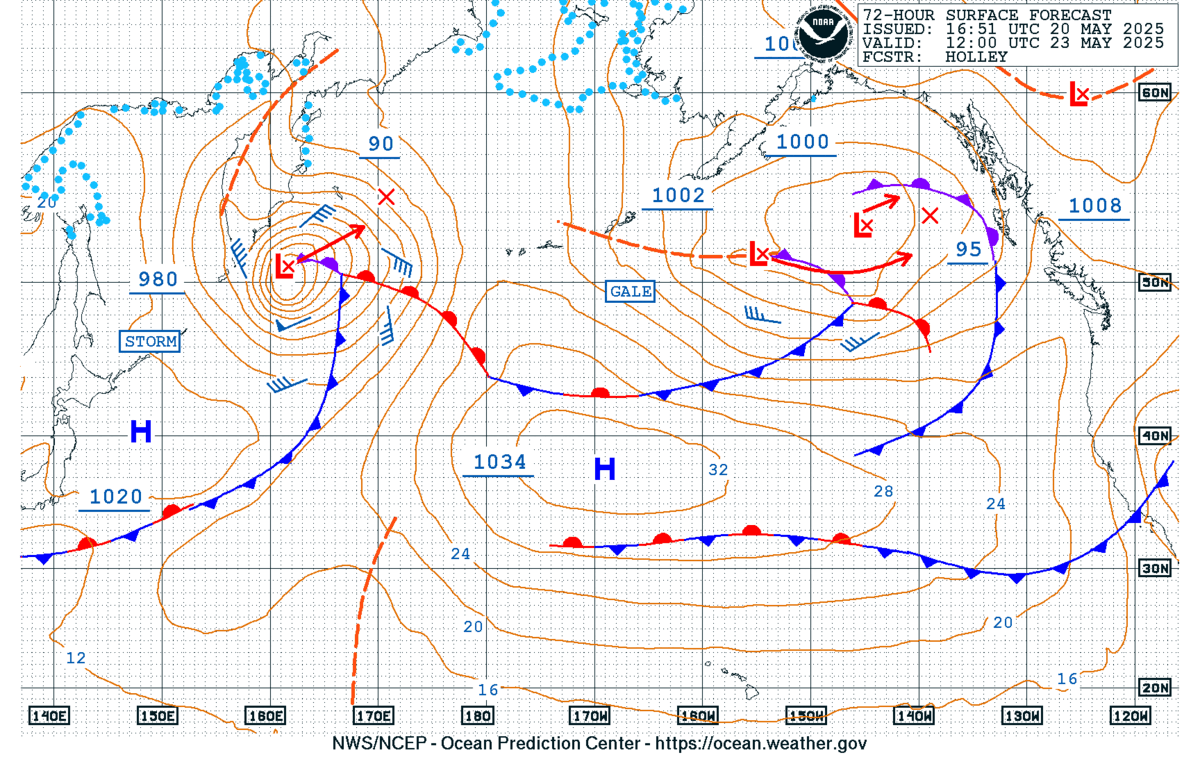 Figure 9: North Pacific 72-Hour Surface Forcecast issued at 1651 UTC 20 May, valid for 1200 UTC 23 May 2025.