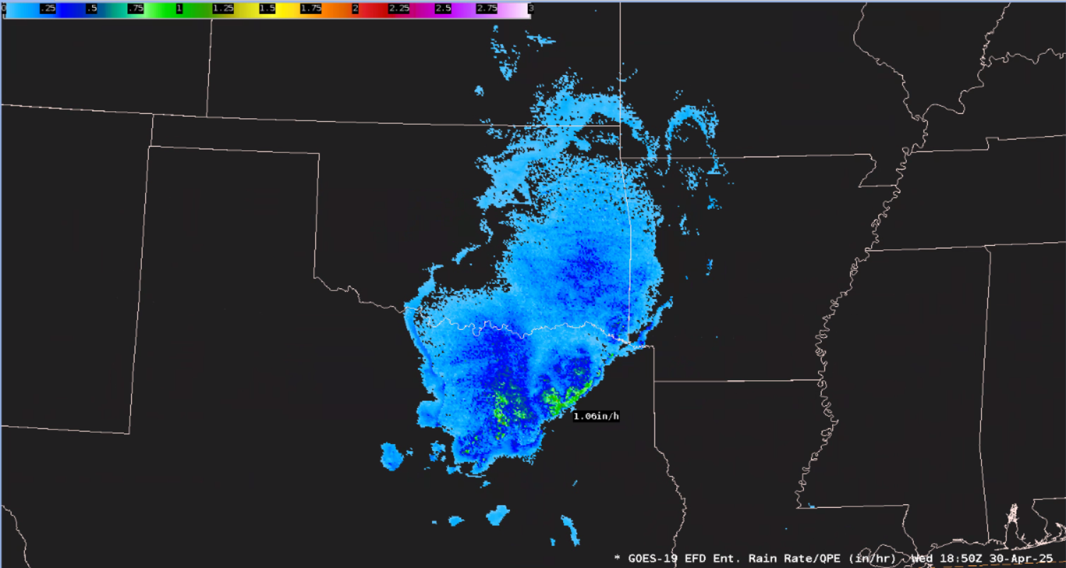 Figure 9: GOES-East Enterprise Rain Rate Product output at 1850 UTC 30 April 2025.