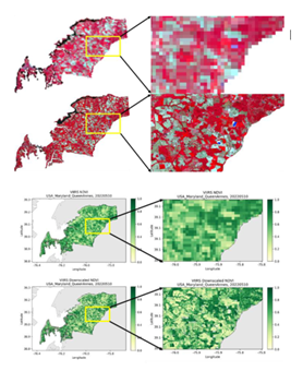 Figure: A preliminary case study in Queen Anne’s county, Maryland: a) comparison between original VIIRS image at 1km resolution and integrated image at 20m resolution; and b) the corresponding NDVI comparison. © NOAA/NESDIS/STAR