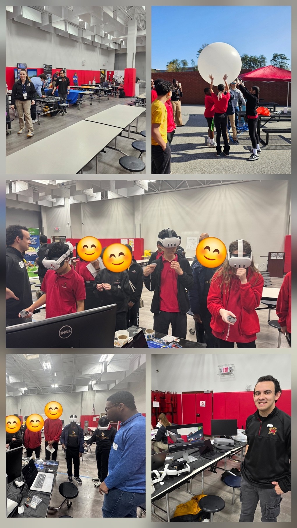 Figure 2. Indoor and outdoor booths at College Park Academy. CISESS interns Damian and Samuel guide students in using VR headsets to experience the mixed reality application on lightning safety.