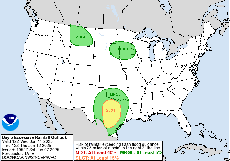 Figure 1: NWS WPC Day 5 ERO issued at 1952 UTC 07 June, valid for the 24-hour period ending at 1200 UTC 12 June 2025.
