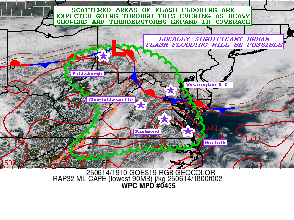 Figure 11: NWS WPC MPD issued at 1940 UTC 14 June 2025, overlaid on GOES-East Geocolor imagery.