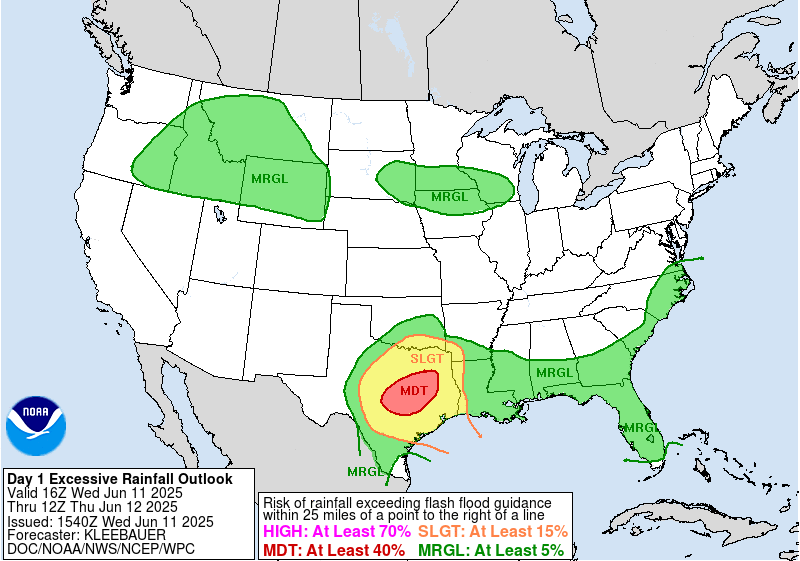 Figure 2: NWS WPC Day 1 ERO issued at 1540 UTC 11 June, valid for the 24-hour period ending at 1200 UTC 12 June 2025.