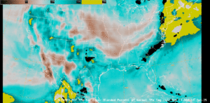 Figure 3: OSPO bTPW Percent of Normal imagery from ~1400 UTC 10 June to ~1900 UTC 11 June 2025. This animation was created in AWIPS, and display files can be shared upon request.