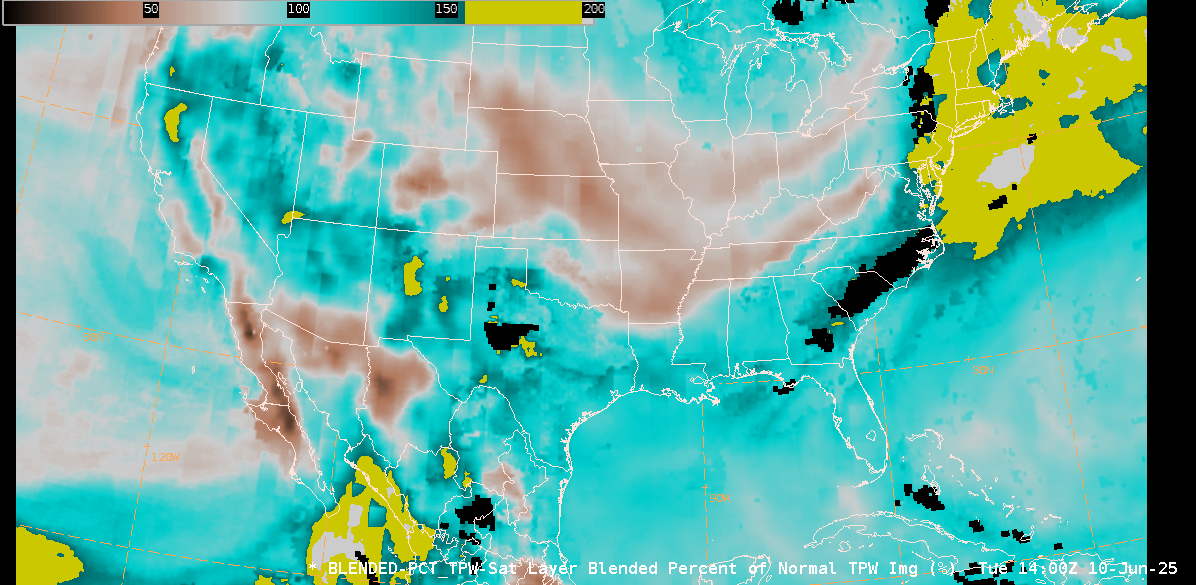 Figure 3: OSPO bTPW Percent of Normal imagery from ~1400 UTC 10 June to ~1900 UTC 11 June 2025. This animation was created in AWIPS, and display files can be shared upon request.