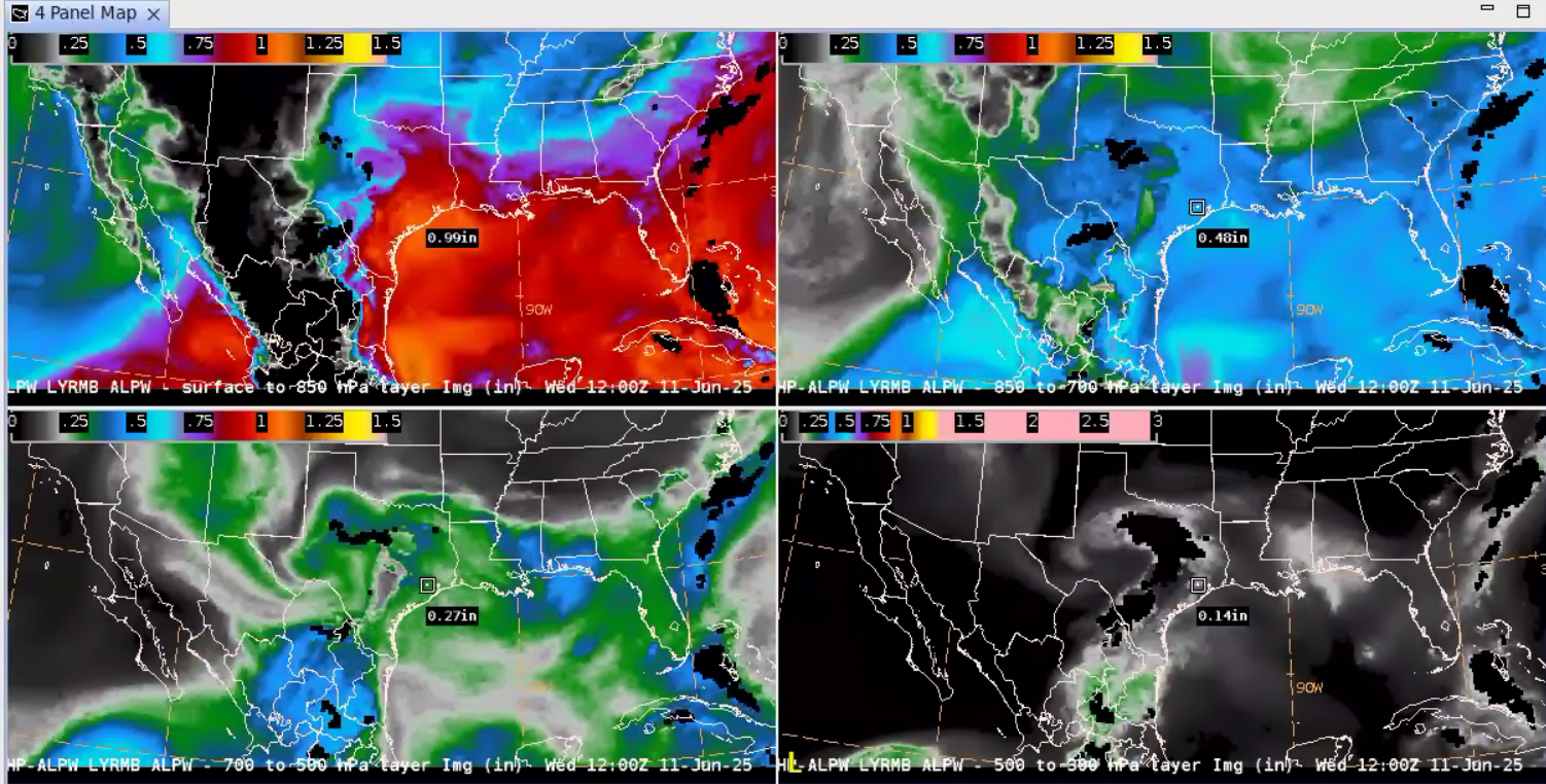 Figure 4: OSPO ALPW imagery output at 1200 UTC 11 June 2025, with ~1.90" of PW when summing all four layers across eastern TX. This image was exported from AWIPS, and can be shared upon request.