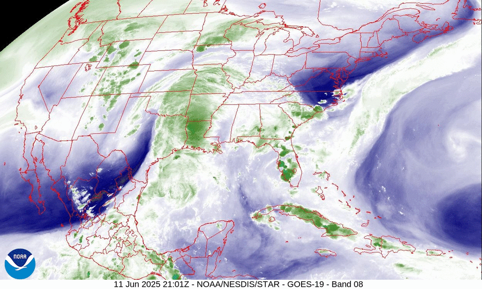 Figure 7: GOES-East CONUS 5-minute Band 8 imagery from 2101 UTC 11 June to 0901 UTC 12 June 2025. Credit: NESDIS/STAR