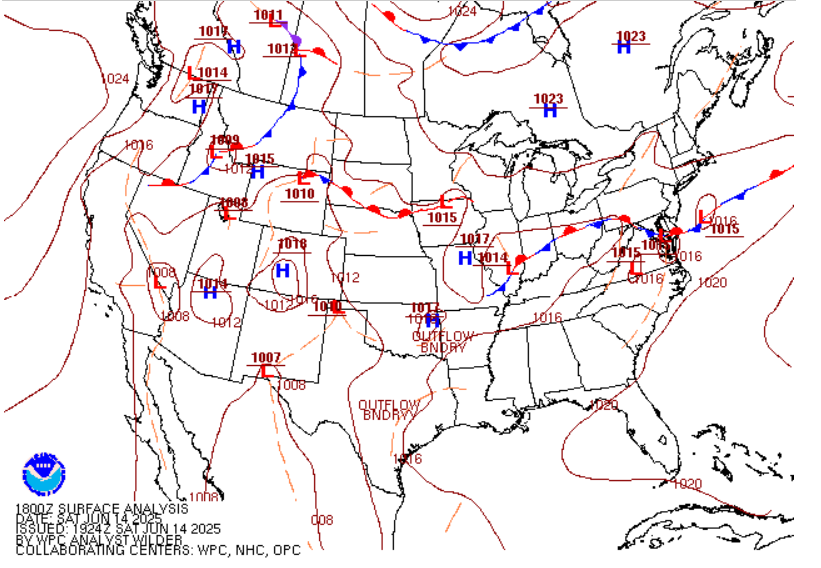Figure 10: NWS WPC Surface Analysis valid 1800 UTC 14 June 2025.