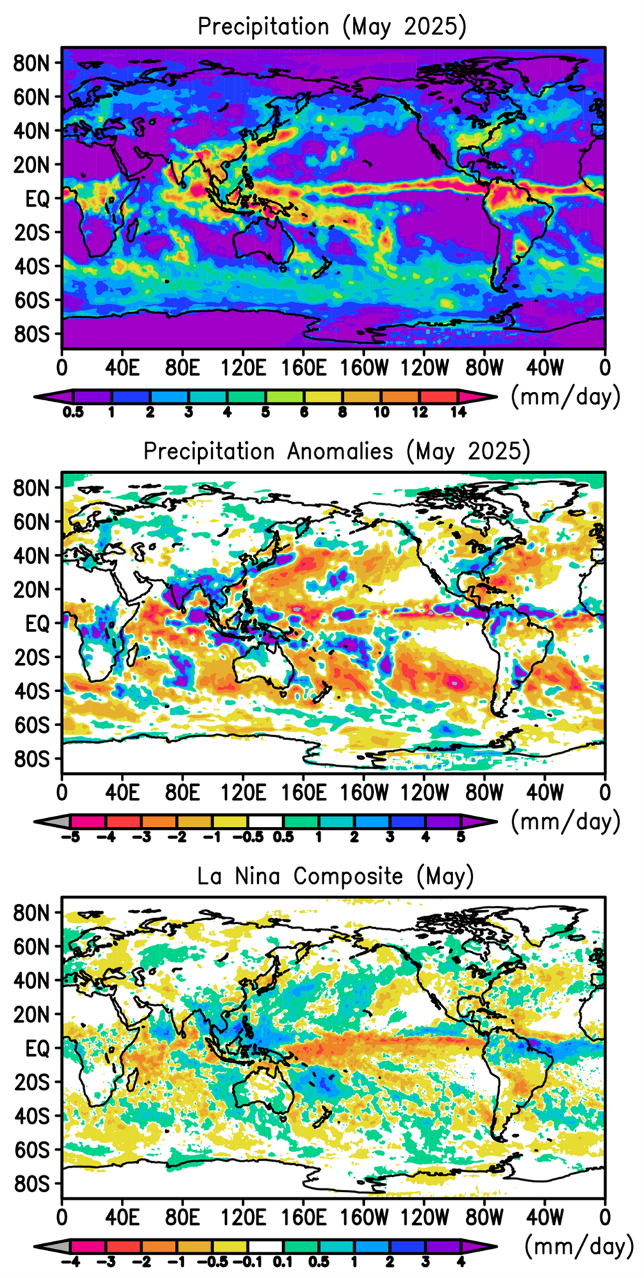 Figure 1. Monthly precipitation and anomalies in May 2025 and La Nina composite for May.