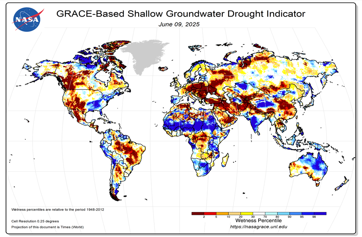 Figure 4. GRACE-based drought analysis for early June 2025 (https://nasagrace.unl.edu/)