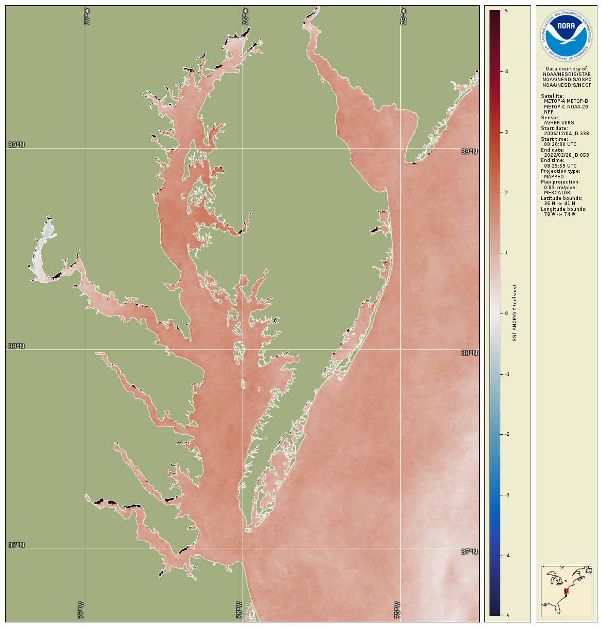 Winter 2023-2024 water temperature difference map for Chesapeake Bay from satellite data shows warmer water (red color) compared to a 2007-2022 baseline, indicating unfavorable conditions for economically key fish species in Maryland and the Mid-Atlantic region such as striped bass and bay anchovy, but favorable conditions for species such as blue crabs. Science-based information from satellites helps fishery managers in Maryland and the Mid-Atlantic plan for potential management actions to ensure fish stocks remain stable.