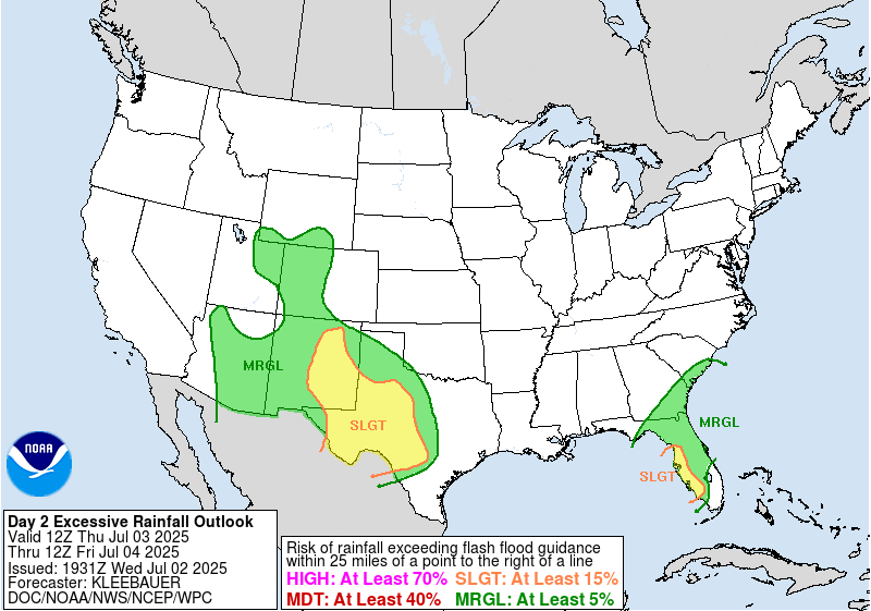 Figure 1: NWS WPC Day 2 ERO Forecast issued at 1931 UTC 02 July 2025.