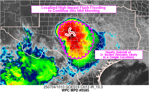 Figure 11: WPC MPD, overlaid on GOES-East Band 13 IR imagery, issued at 1027 UTC 04 July 2025.