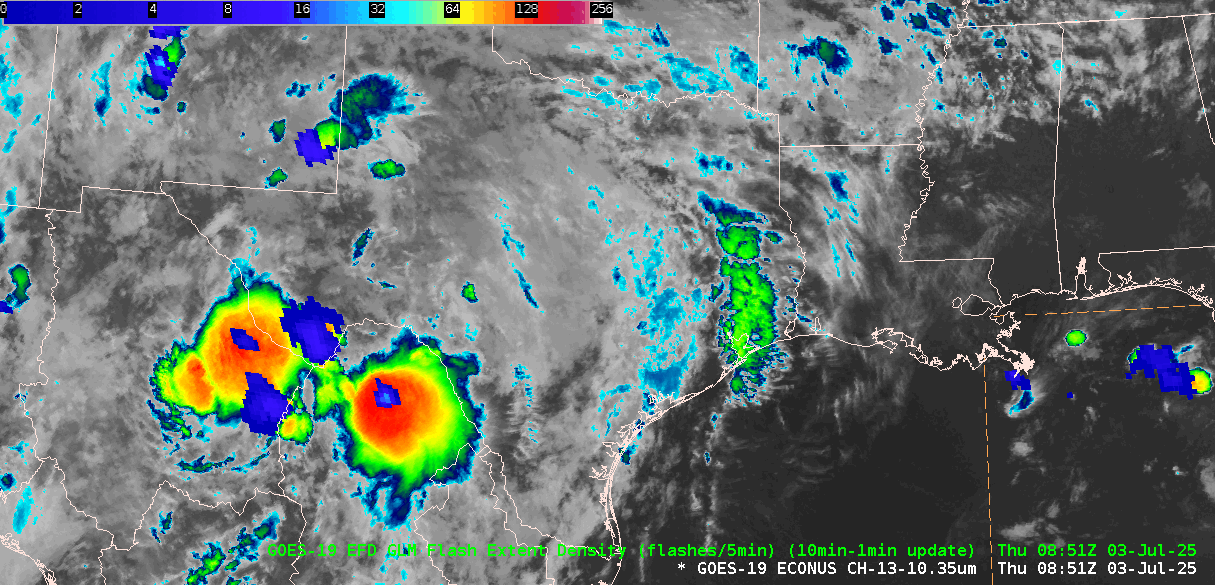 Figure 2: GOES-East CONUS 5-minute Band 13 "Clean" Infrared (IR) Window imagery, overlaid with GLM FED from ~0900 to ~1300 UTC 03 July 2025. This animation was created in AWIPS, and display files can be shared upon request.