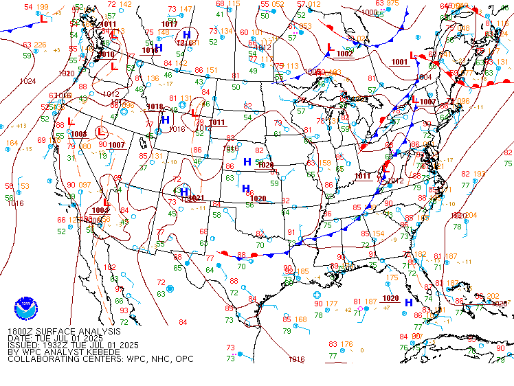 Figure 2: NWS WPC Surface Analysis valid 1200 UTC 01 July 2025.
