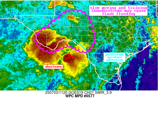 Figure 4: NWS WPC MPD, overlaid on GOES-East "Shortwave Window" Band 7, issued at 1138 UTC 03 July 2025.