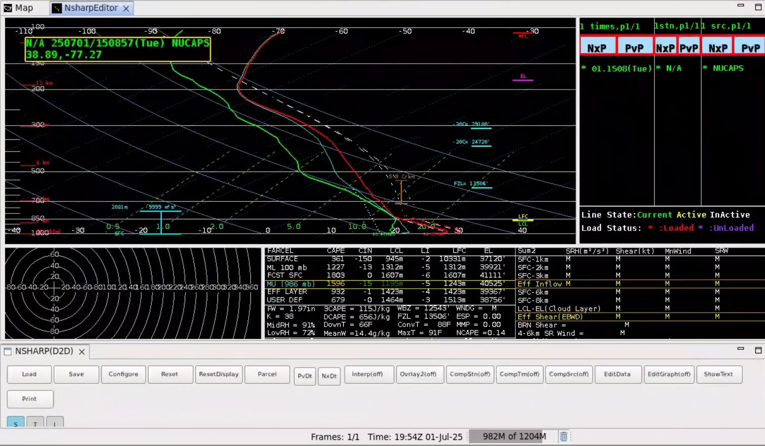 Figure 4: NUCAPS Sounding valid at ~1500 UTC 01 July 2025, with MUCAPE values near 1600 J/kg. This image was exported from AWIPS.