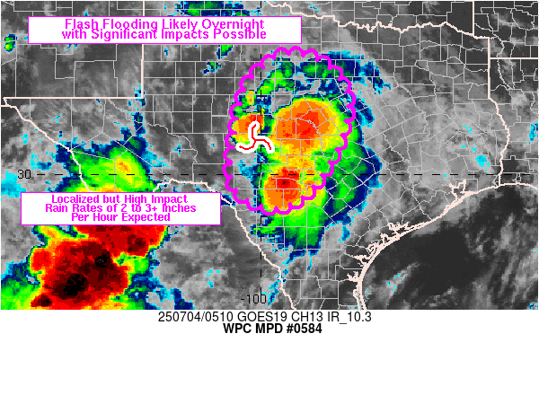 Figure 6: WPC MPD, overlaid on GOES-East Band 13 IR imagery, issued at 0526 UTC 04 July 2025.