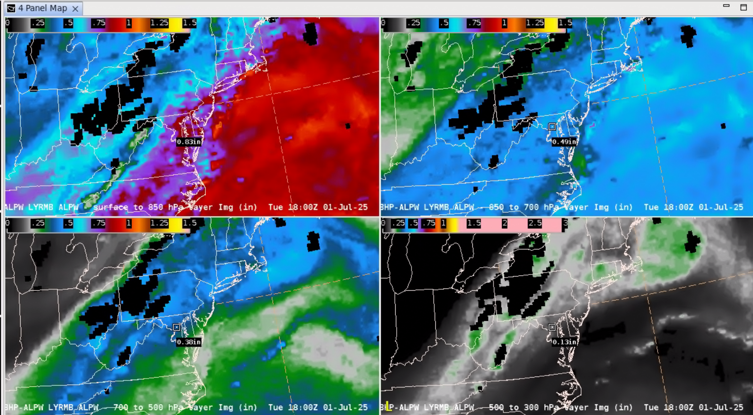 Figure 5: NESDIS/OSPO ALPW from ~2000 UTC 30 June to ~2000 UTC 01 July 2025. This animation was created from AWIPS, and display files can be shared upon request. Figure 6: NESDIS/OSPO ALPW output at 1800 UTC 01 July 2025, with PW values around ~1.80" when summing all four layers. This image was exported from AWIPS.