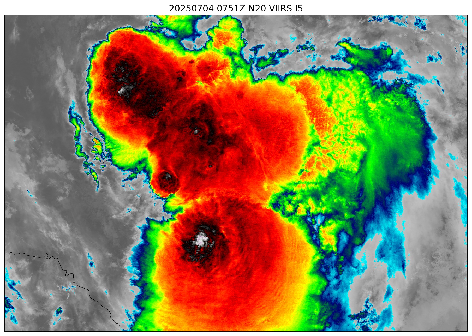 Figure 9: NOAA-20/VIIRS I5 Band output at 0751 UTC 04 July 2025. Courtesy of Bill Line (NESDIS/STAR)