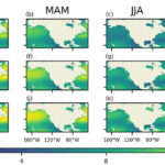 Figure. Seasonal climatologies (1987–2022) for wind profiles extrapolated from NOAAOffshoreWindProfiles-USA (unit: m s-1) at (a-d) 20, (e-h) 100, and (i-l) 200 m. DJF: December, January, February; MAM: March, April, May; JJA: June, July, August; SON: September, October, November.
