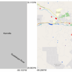 Figure. Two images showing the same geographical area. (Left) VIIRS 375-m daily floodwater extent product on 4 July 2025, with the locations of the Guadalupe River and the towns of Ingram and Kerrville superimposed. Cloudy conditions were in place so no flood inundation information was available, hence the gray background. (Right) The SAR flood inundation map on 4 July 2025, showing some flooded areas (in red).