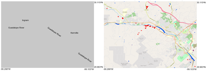 Figure. Two images showing the same geographical area. (Left) VIIRS 375-m daily floodwater extent product on 4 July 2025, with the locations of the Guadalupe River and the towns of Ingram and Kerrville superimposed. Cloudy conditions were in place so no flood inundation information was available, hence the gray background. (Right) The SAR flood inundation map on 4 July 2025, showing some flooded areas (in red).