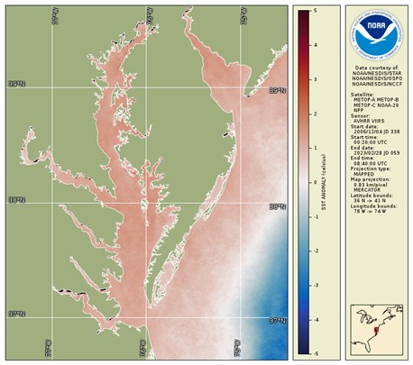Winter 2023-2024 water temperature difference map for Chesapeake Bay from satellite data shows warmer water (red color) compared to a 2007-2022 baseline, indicating unfavorable conditions for economically key fish species in Maryland and the Mid-Atlantic region such as striped bass and bay anchovy, but favorable conditions for species such as blue crabs. Science-based information from satellites helps fishery managers in Maryland and the Mid-Atlantic plan for potential management actions to ensure fish stocks remain stable.