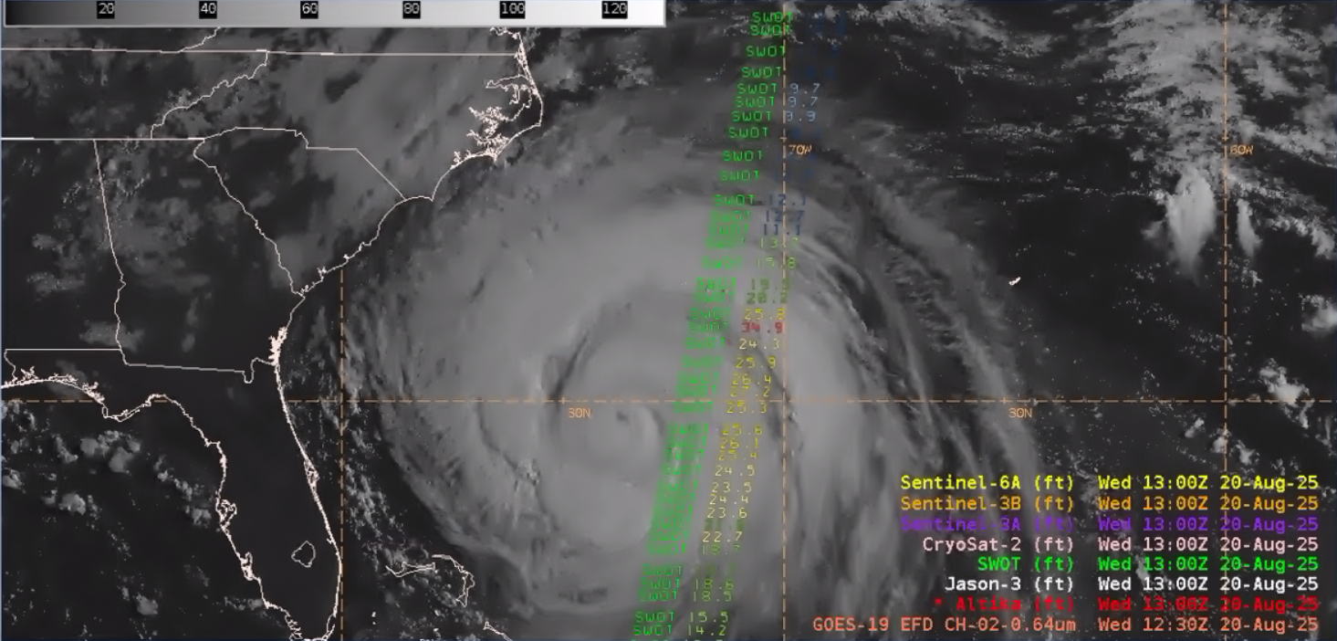 Figure 1: GOES-19 Visible Band 02 imagery, overlaid with a SWOT altimeter pass, valid at ~1230 UTC 20 August 2025. This image was exported from AWIPS, and can be shared upon request.