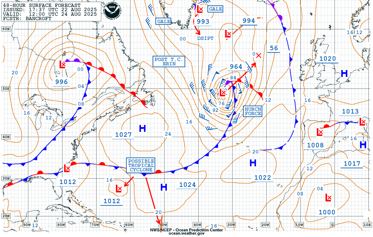 Figure 11: NWS OPC 48-Hour Surface Forecast issued at 1737 22 August, valid at 1200 UTC 24 August 2025.