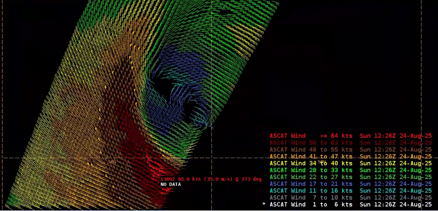 Figure 14: Metop-C ASCAT output at 1309 UTC 24 August 2025. This image was exported from AWIPS, and can be shared upon request.