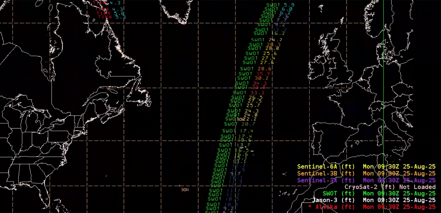 Figure 15: SWOT altimter output valid at ~0930 UTC 25 August 2025. This image was exported from AWIPS, and display files can be shared upon request.